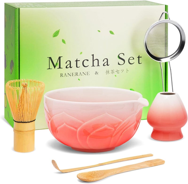 RANERANE Matcha Whisk Set, Lotus Gradient Red Ceramic Matcha Set Includes Matcha Bowl, Matcha Whisk (Chasen) and Holder, Sifter, Bamboo Scoop & Spoon - 6 Pcs Matcha Kit for Matcha Lovers - Image 1